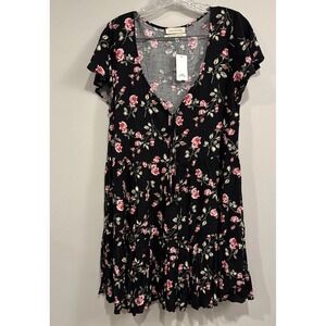 Urban Outfitter Women Floral Tier Babydoll Shirt Dress Sz M Black Button Front